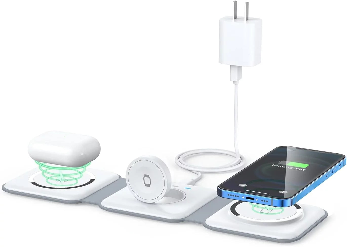 3 in 1 Wireless Charging Station for Multiple Device Apple, Magnetic Foldable Charging Station for Iphone 15/14/13/12 Series, Airpods 3/2/Pro, Iwatch(Adapter Included)